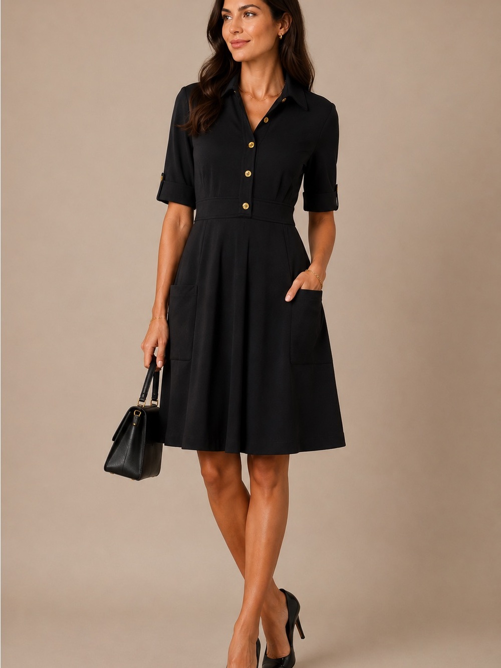 Shoshanna Black Collared Fit & Flare Shirt Dress| Chic Knit Stretch Classic